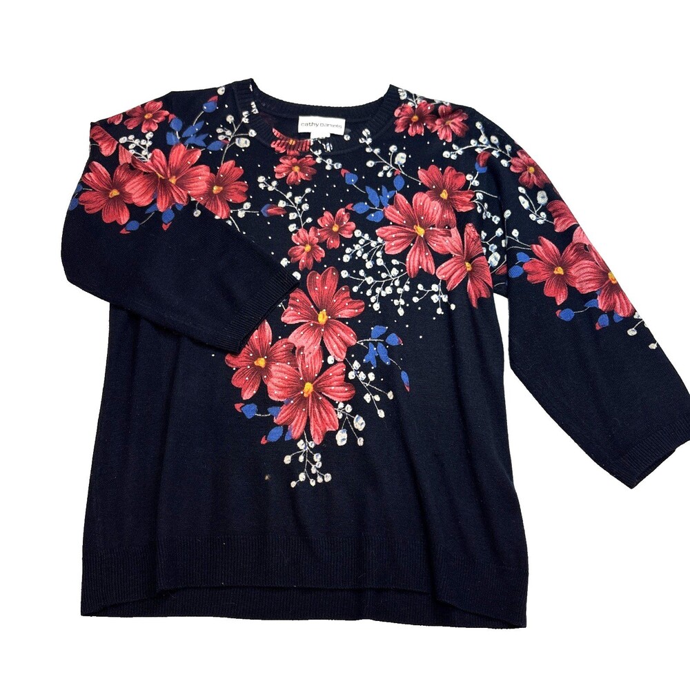 Vintage Y2K Cathy Daniels Womens Pullover Sz XL Black/Red Floral Sweater